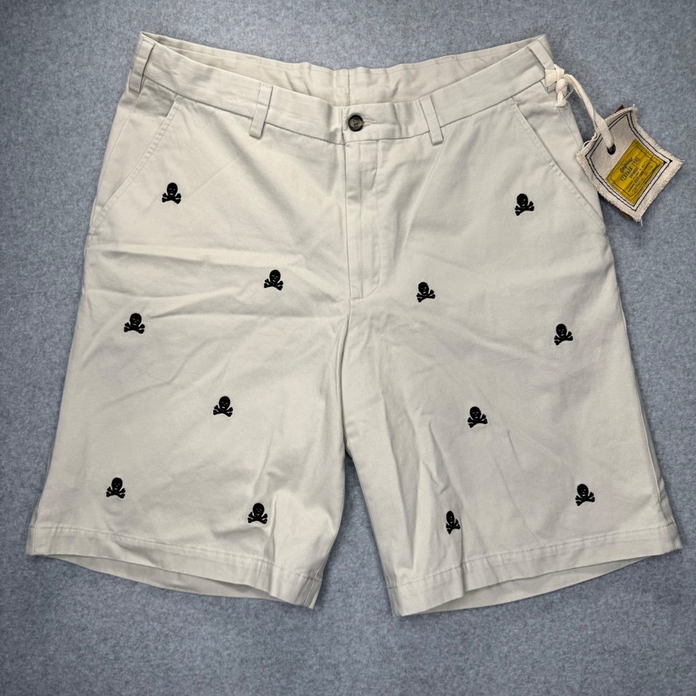 Vintage 1946 Chino Shorts Mens 34 Beige Skull Crossbones Embroidered HAMP9